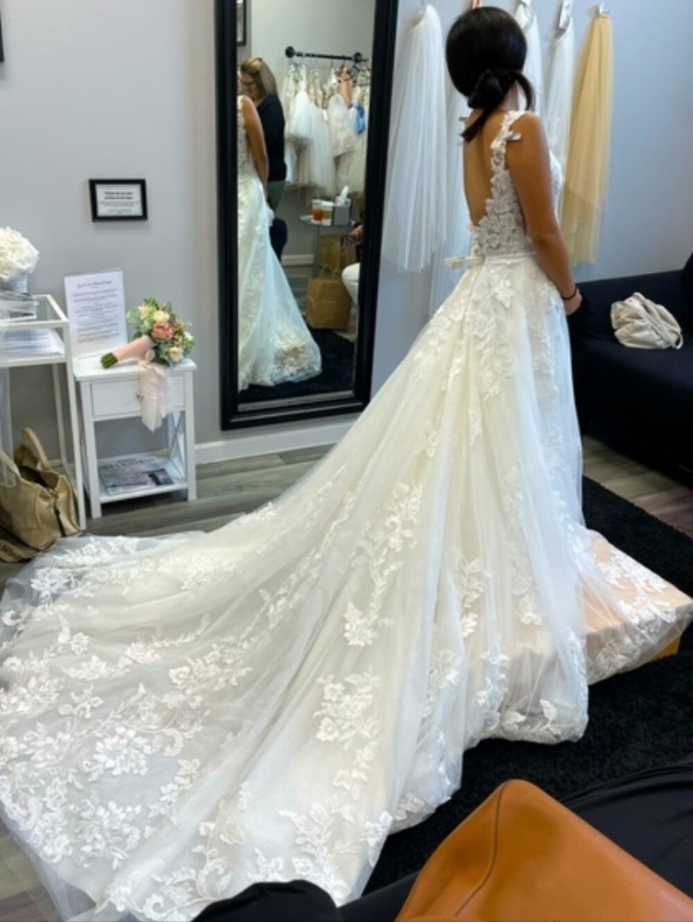 Lillian West Romantic Ivory Lace A-Line Bridal Gown with Deep V Bodice